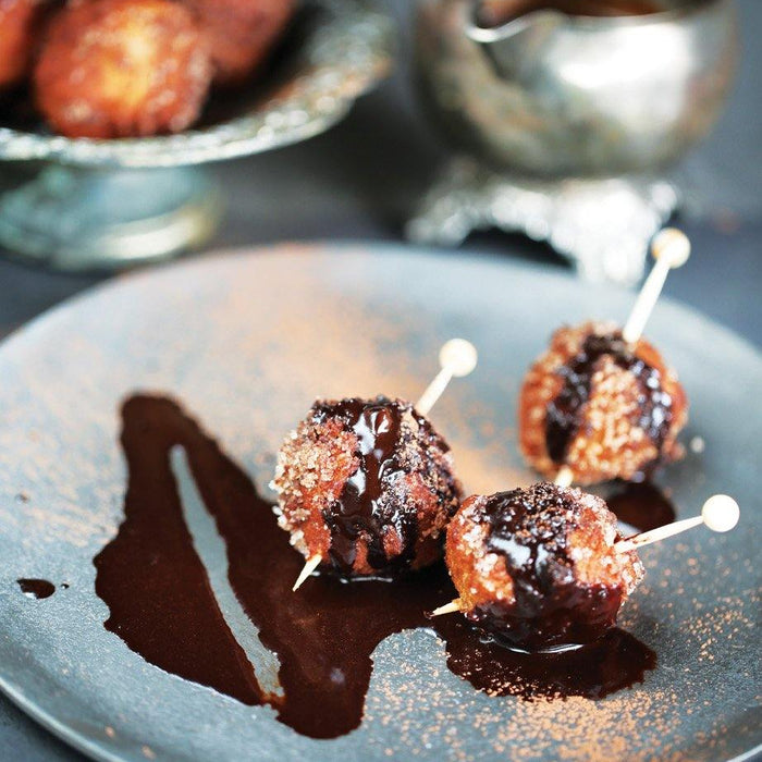 Donut Fritters with Chocolate Black Tahini Dipping Sauce - Santos Organics
