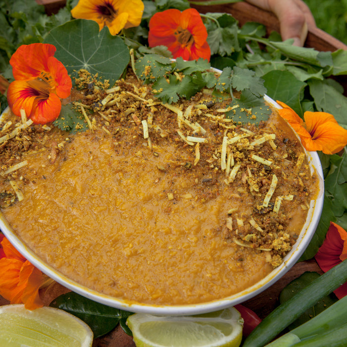 Thai Style Red Lentil and Pumpkin Soup with Coconut Dukkah