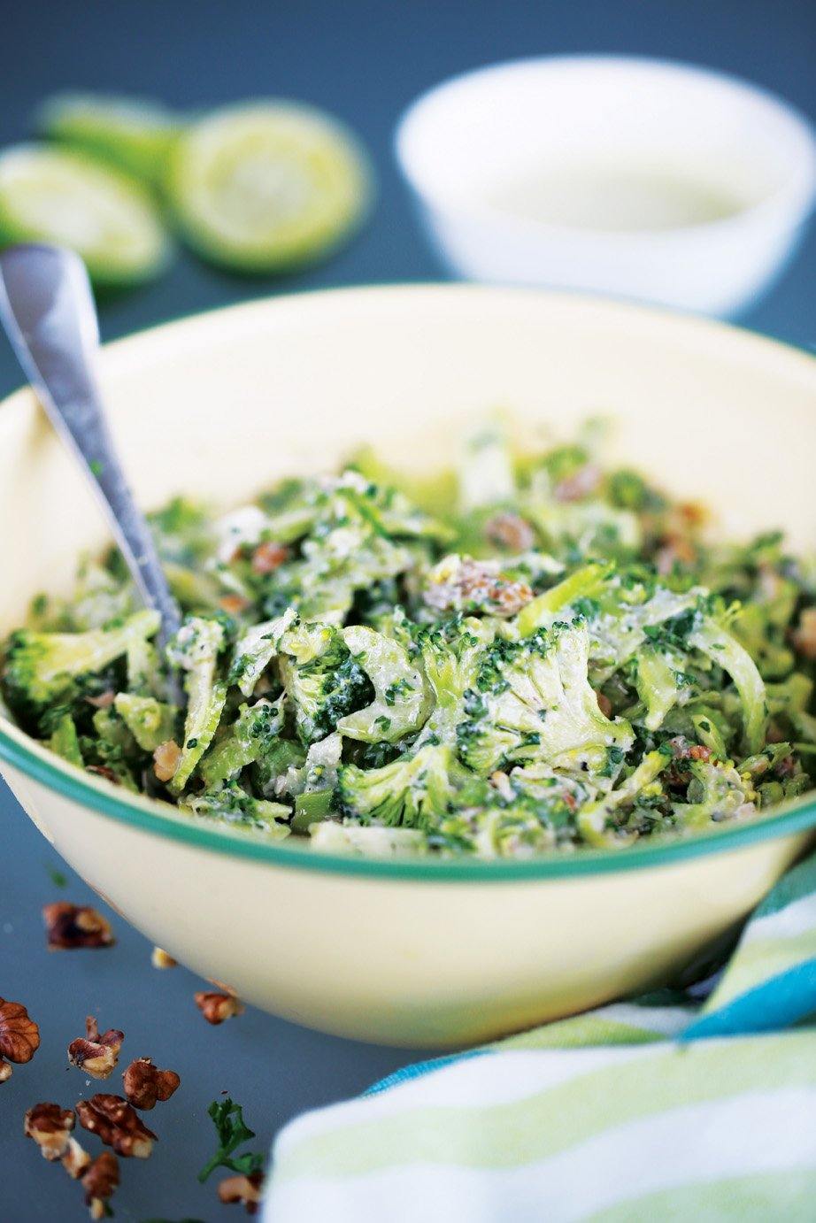Broccoli, Celery & Walnut Slaw with Lime &amp; Avocado Mayo — Santos Organics