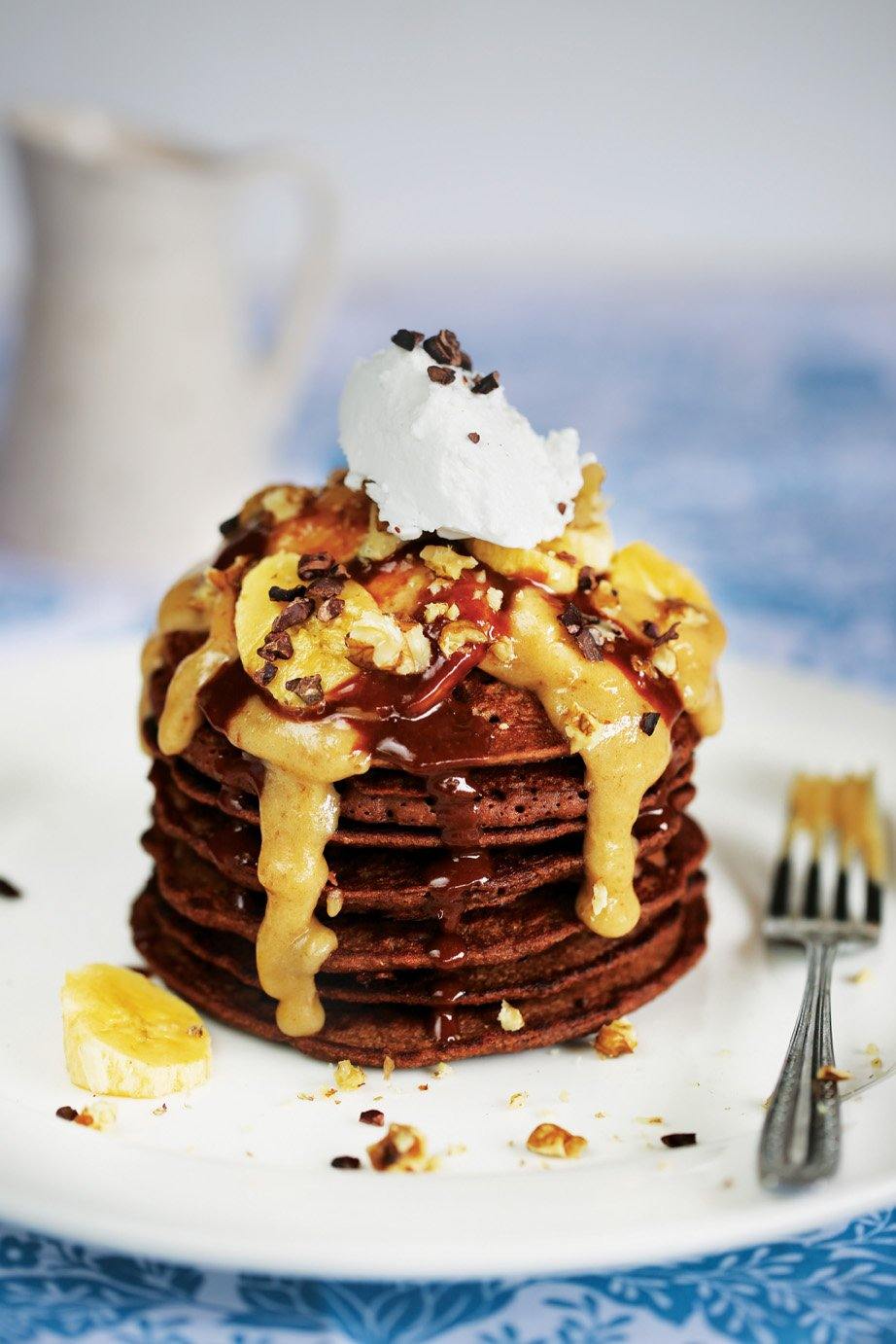 Chocolate Pancake Stack with Macadamia Caramel Chocolate & Vanilla Sau