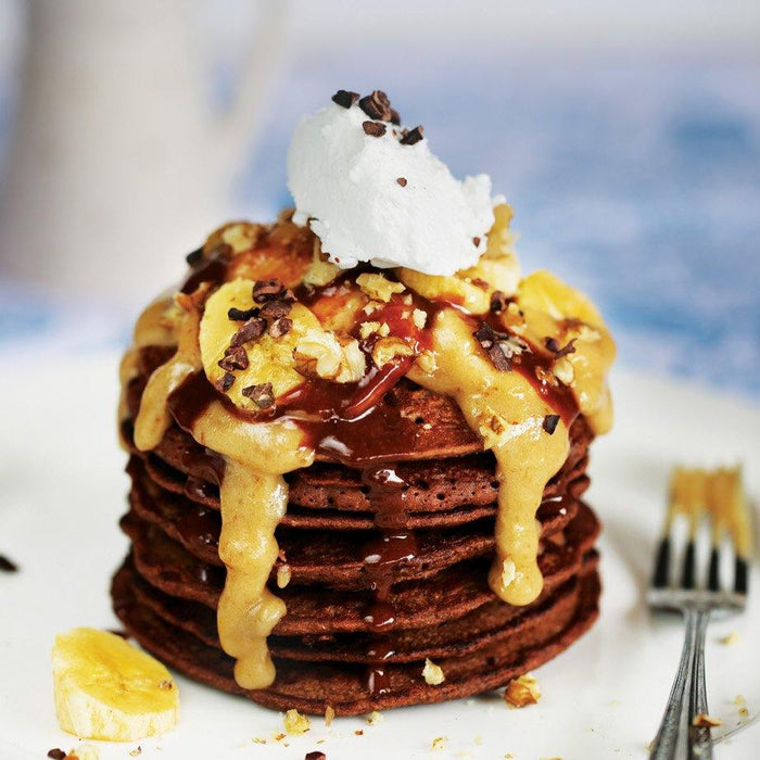 Chocolate Pancake Stack with Macadamia Caramel Chocolate &amp; Vanilla Sauces - Santos Organics
