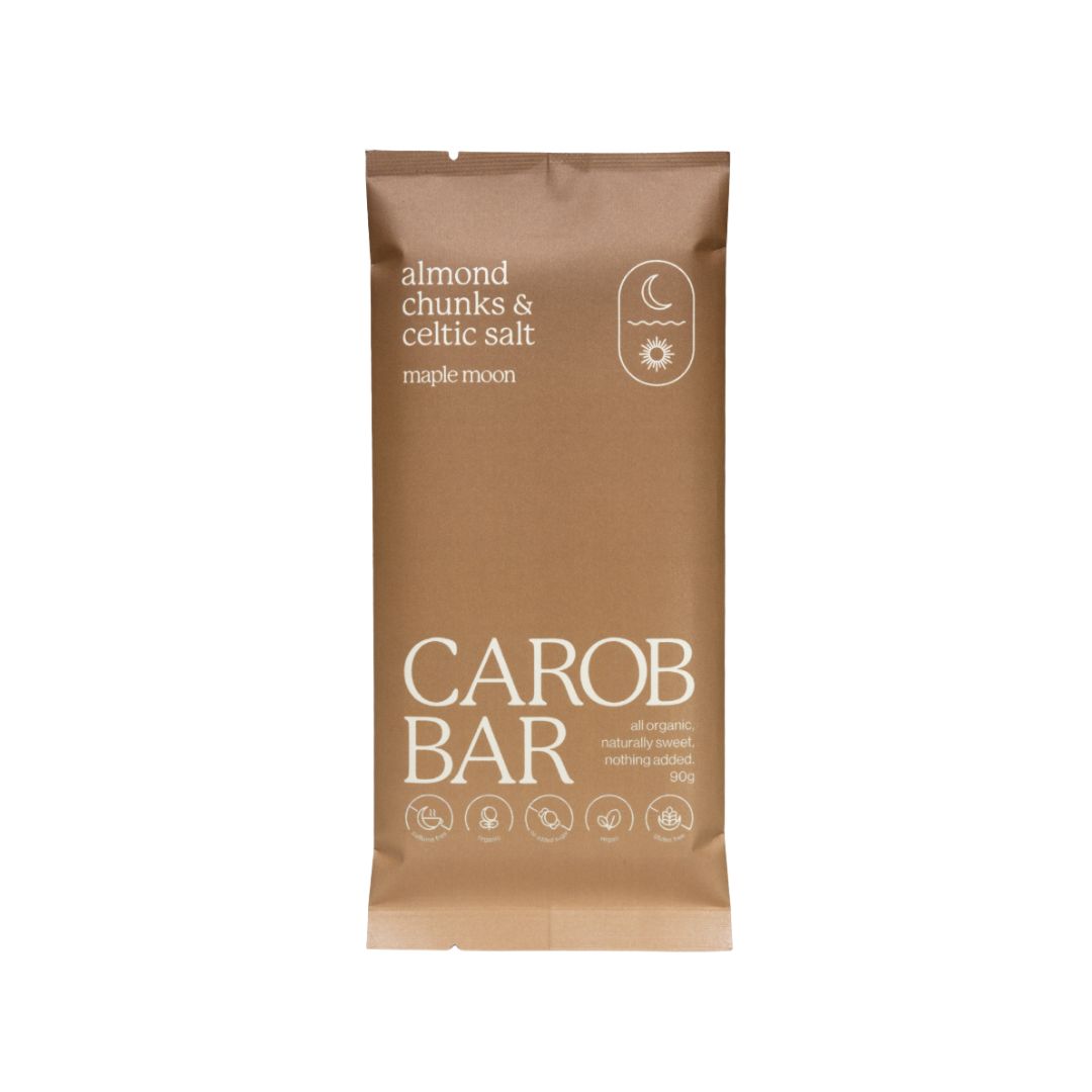 Maple Moon Organic Almond & Celtic Salt Carob Bar 90g, handmade Byron Bay, four ingredients, caffeine free vegan