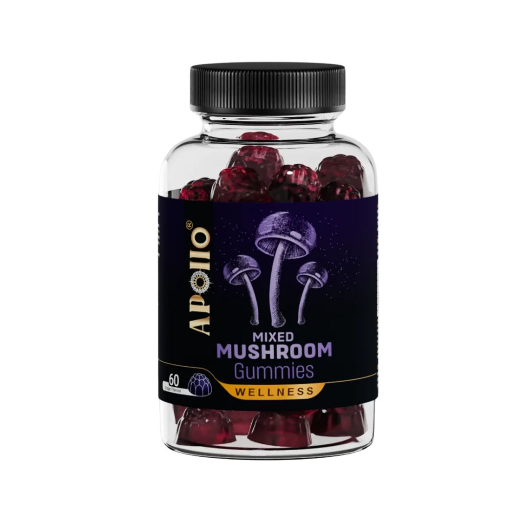 Apollo Nutraceuticals Mixed Mushroom Gummies 60 pack, grape flavour, ten mushroom extracts