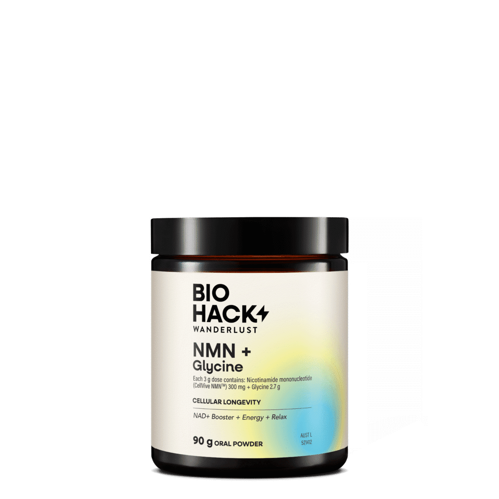 BioHack Wanderlust NMN + Glycine Powder 90g, ARTG-listed, CellVive NMN and glycine, made in Australia