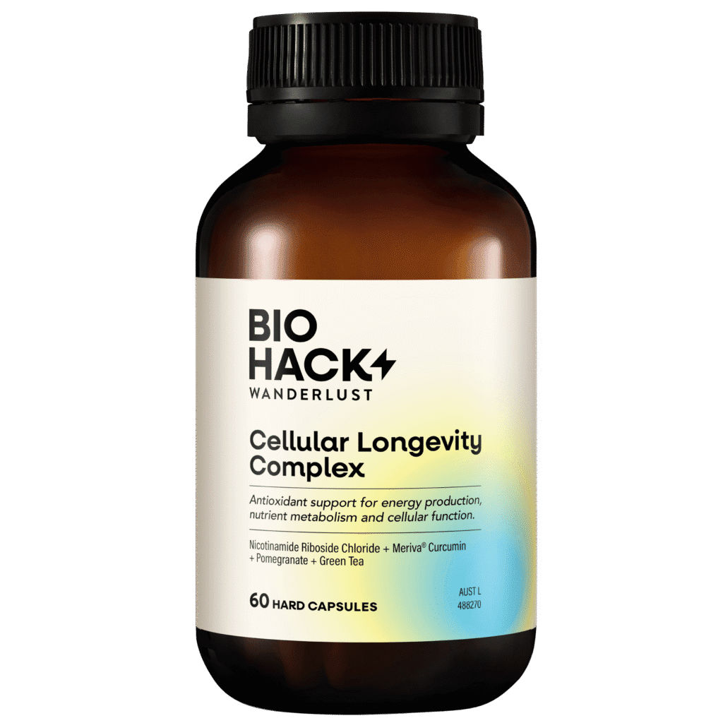 BioHack Wanderlust Cellular Longevity Complex 60 capsules, ARTG-listed, nicotinamide riboside NR, made in Australia