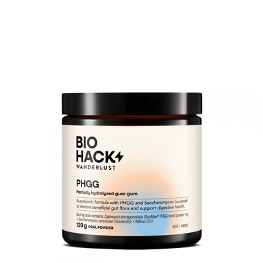 BioHack Wanderlust PHGG 120g powder, Sunfiber prebiotic, ARTG-listed, made in Australia