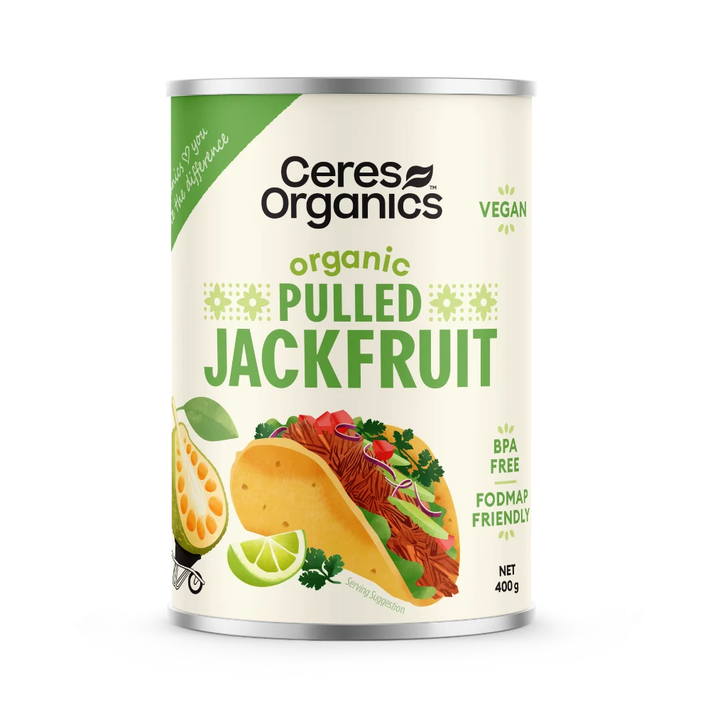 Ceres Organics Organic Pulled Jackfruit 400g tin, pre-shredded plant-based meat alternative, product of Sri Lanka