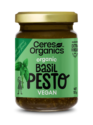 Ceres Organics Organic Vegan Basil Pesto 130g jar, Genovese Basil PDO, dairy free, made in Italy