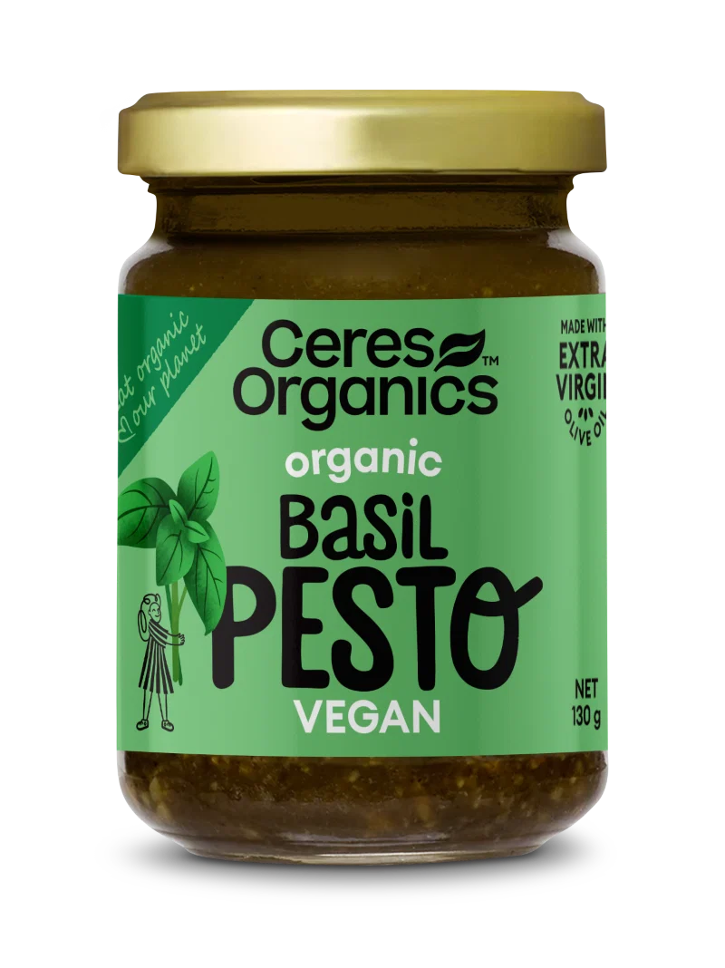 Ceres Organics Organic Vegan Basil Pesto 130g jar, Genovese Basil PDO, dairy free, made in Italy