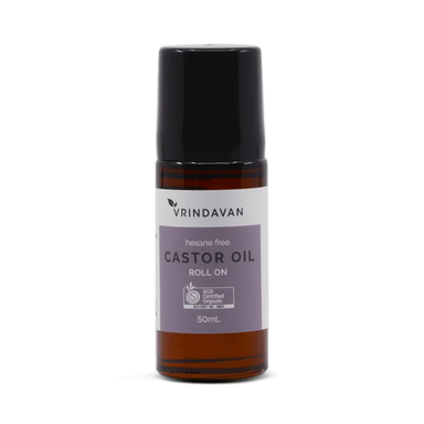 Vrindavan Organic Castor Oil Roll On 50ml amber glass, ACO certified, cold pressed hexane free, product of India