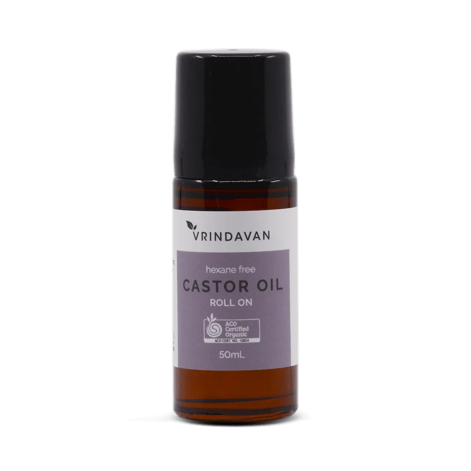 Vrindavan Organic Castor Oil Roll On 50ml amber glass, ACO certified, cold pressed hexane free, product of India