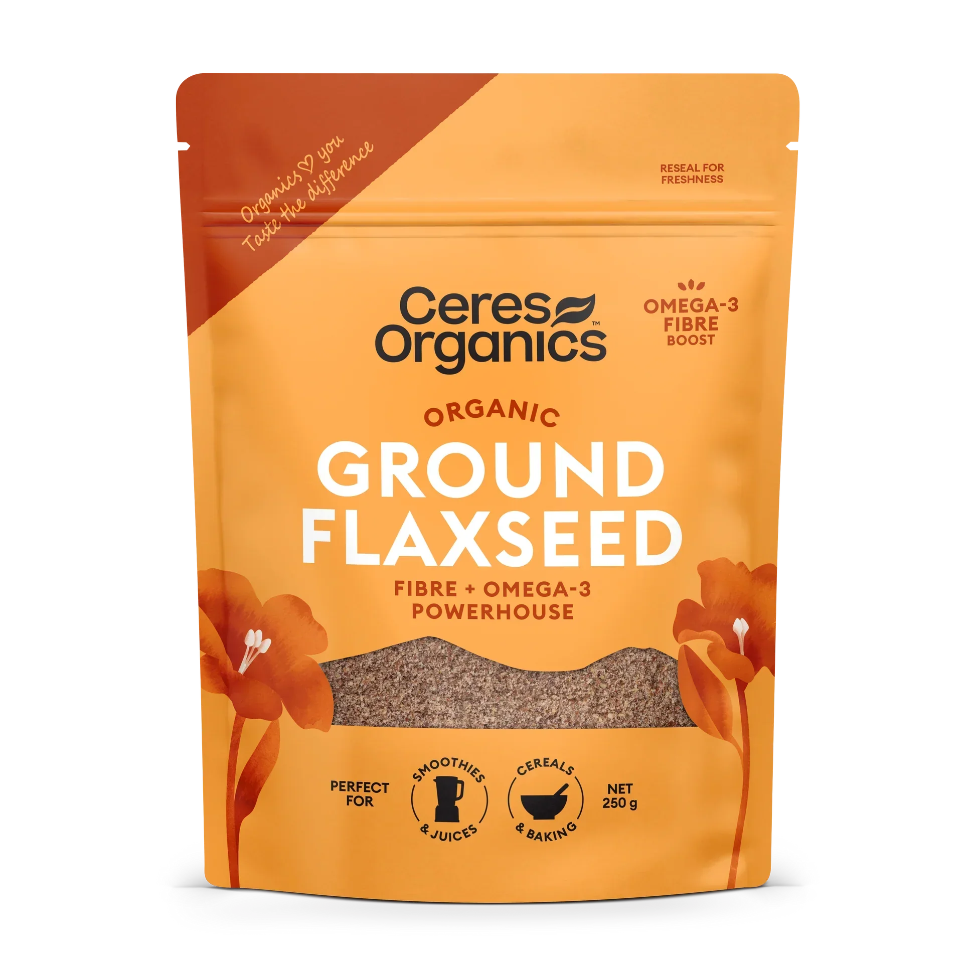 Ceres Organics Certified Organic Ground Flaxseed 250g, home compostable packaging