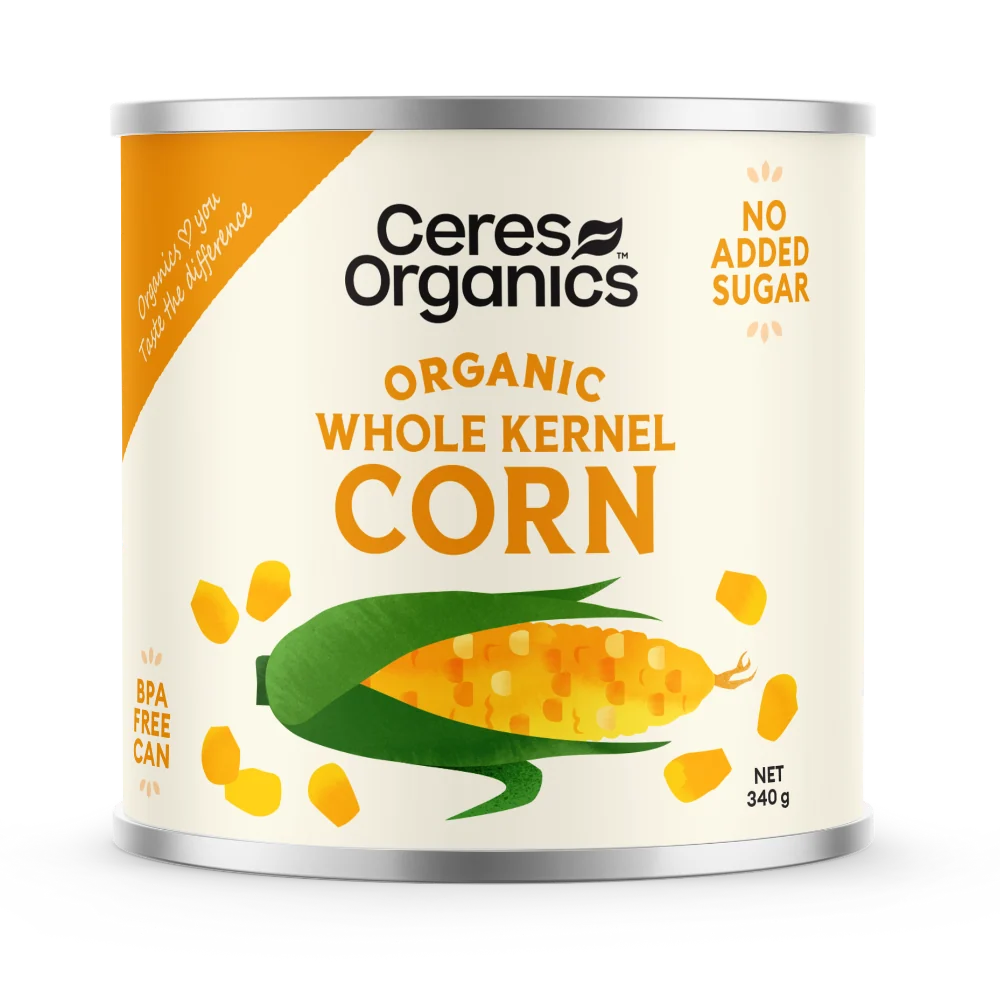 Ceres Organics Organic Corn Kernels 340g tin, three ingredients, no added sugar, product of Hungary