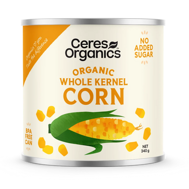 Ceres Organics Organic Corn Kernels 340g tin, three ingredients, no added sugar, product of Hungary