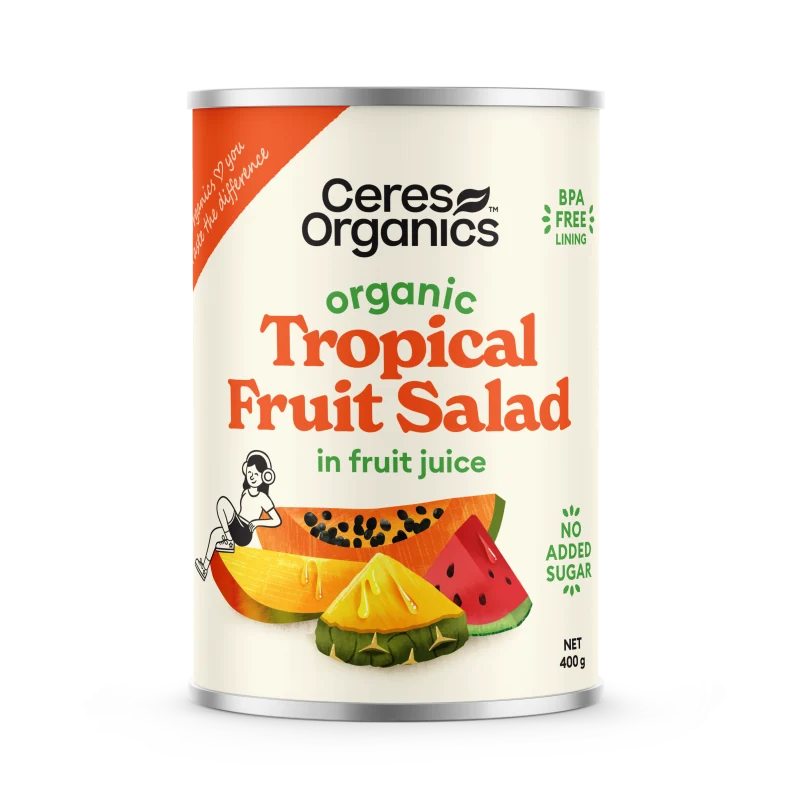 Ceres Organics Organic Tropical Fruit Salad in Fruit Juice 400g BPA-free can, pineapple papaya mango watermelon, product of Sri Lanka