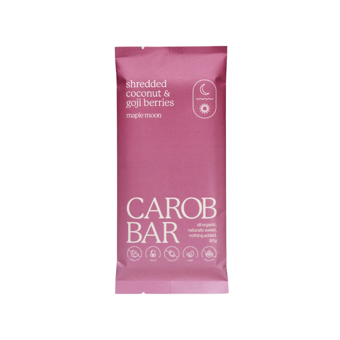 Maple Moon Organic Coconut & Goji Carob Bar 90g, handmade Byron Bay, four ingredients, caffeine free vegan
