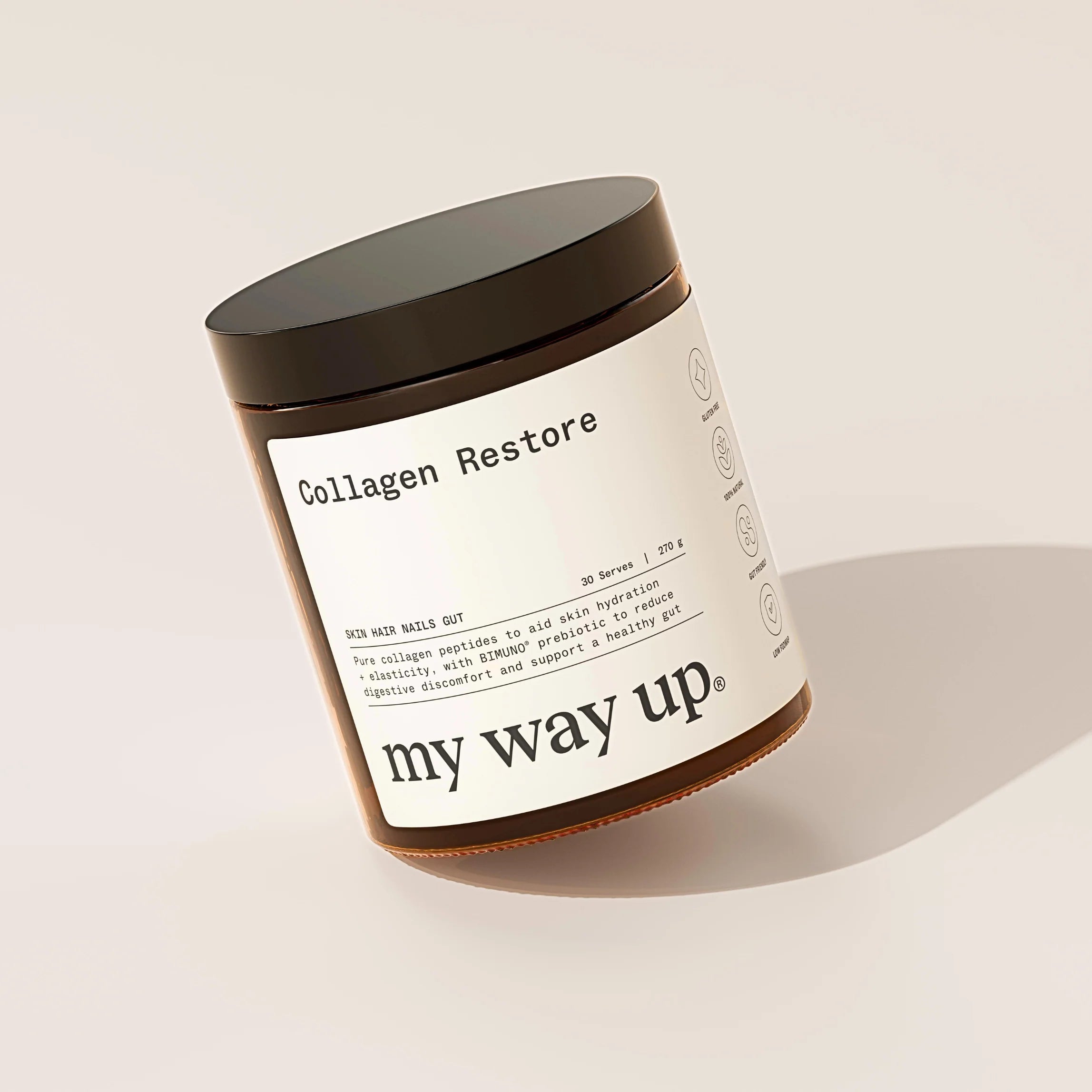 My Way Up Collagen Restore powder, 7.2g bovine collagen peptides and Biotis GOS prebiotic, made in Australia