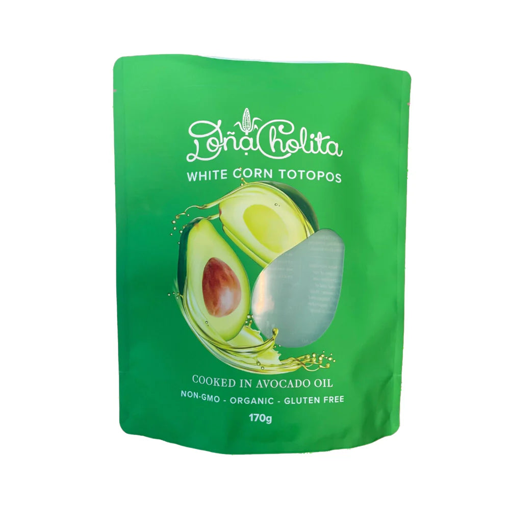 Doña Cholita Totopos Avocado Oil White Corn Chips 170g, organic nixtamalized corn, made in Northern Rivers NSW