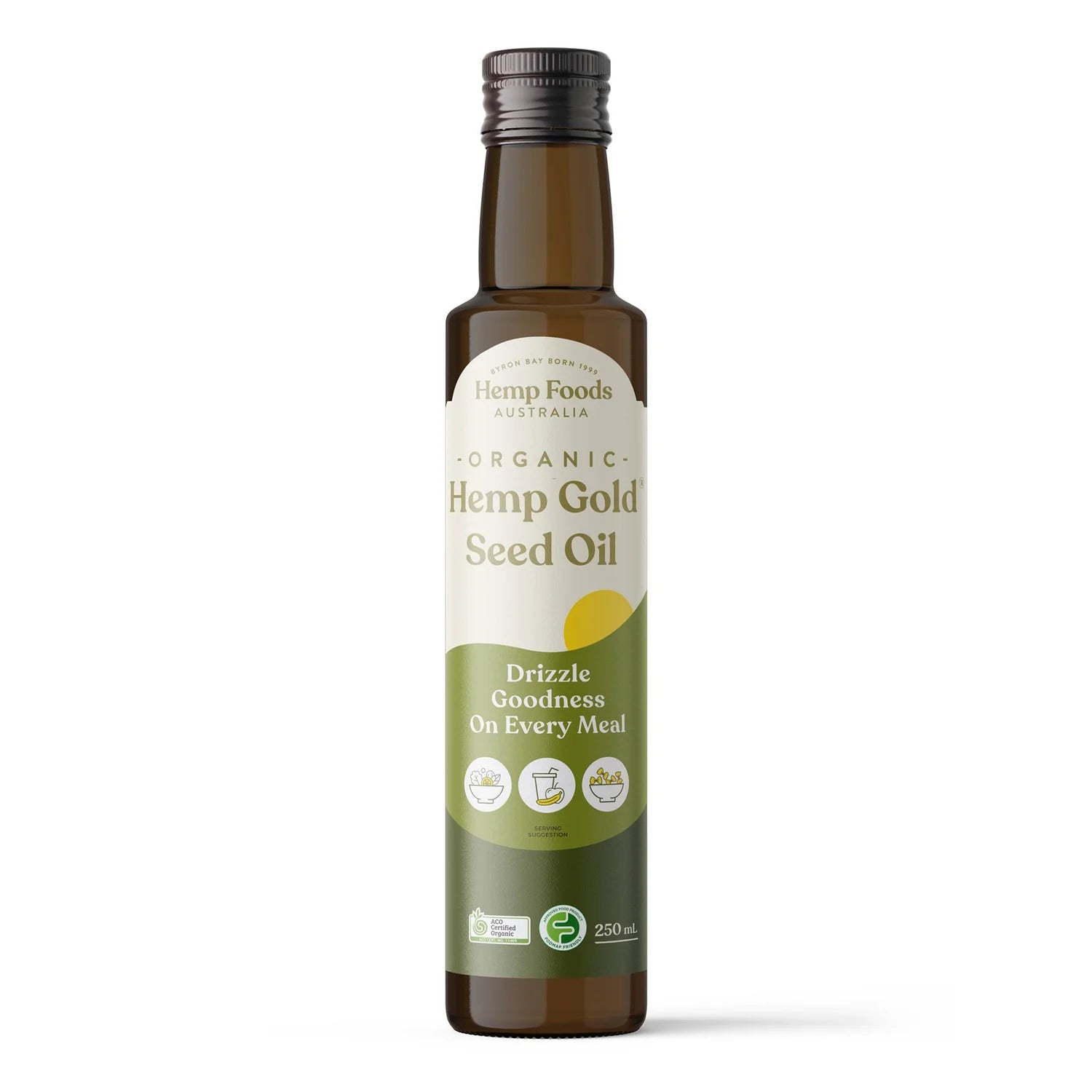 Hemp Foods Australia Organic Hemp Gold Seed Oil 250ml glass bottle, cold-pressed ACO certified