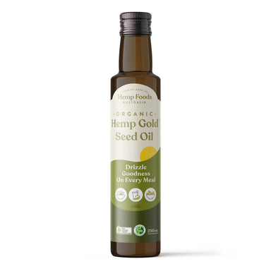 Hemp Foods Australia Organic Hemp Gold Seed Oil 250ml glass bottle, cold-pressed ACO certified