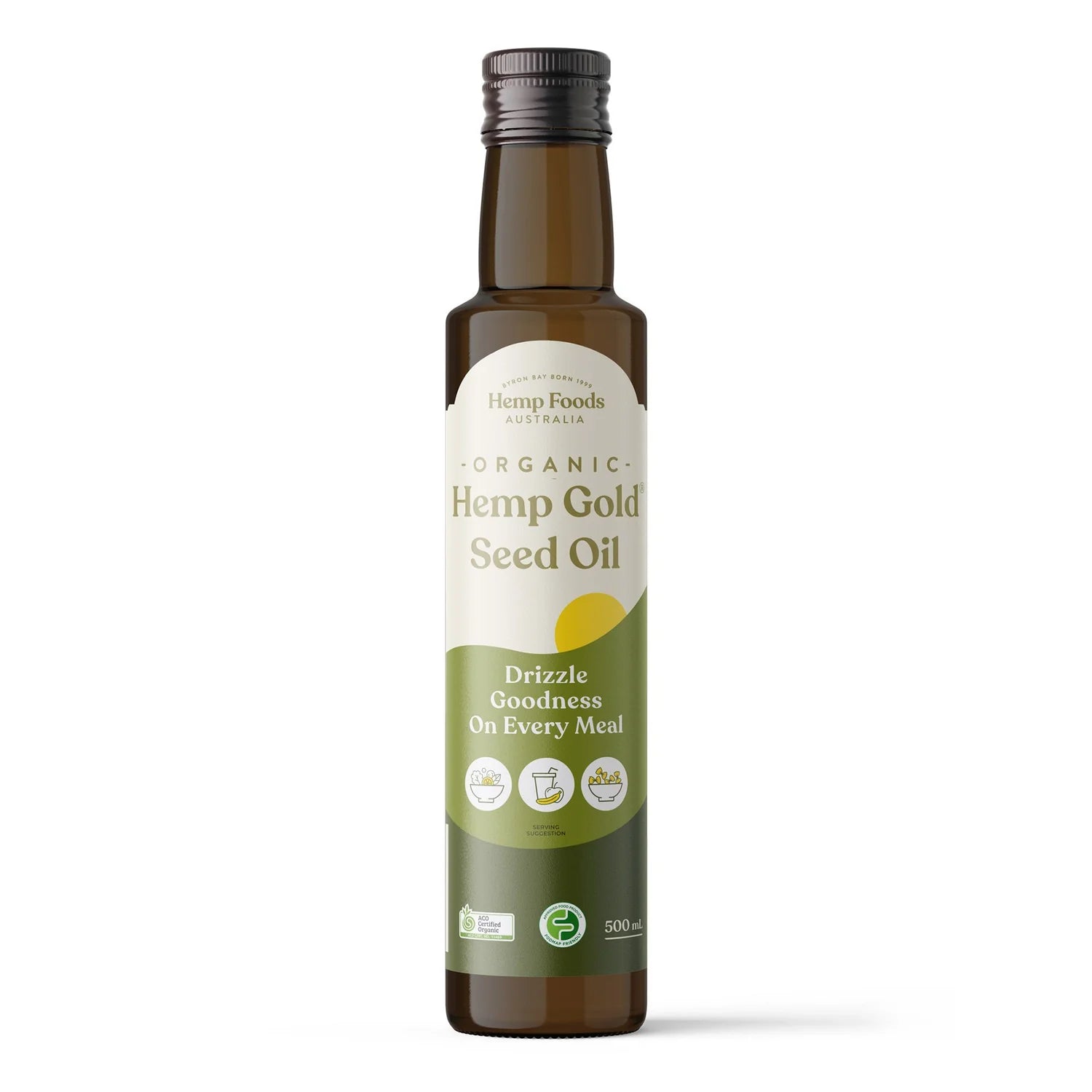 Hemp Foods Australia Organic Hemp Gold Seed Oil 500ml glass bottle, cold-pressed ACO certified