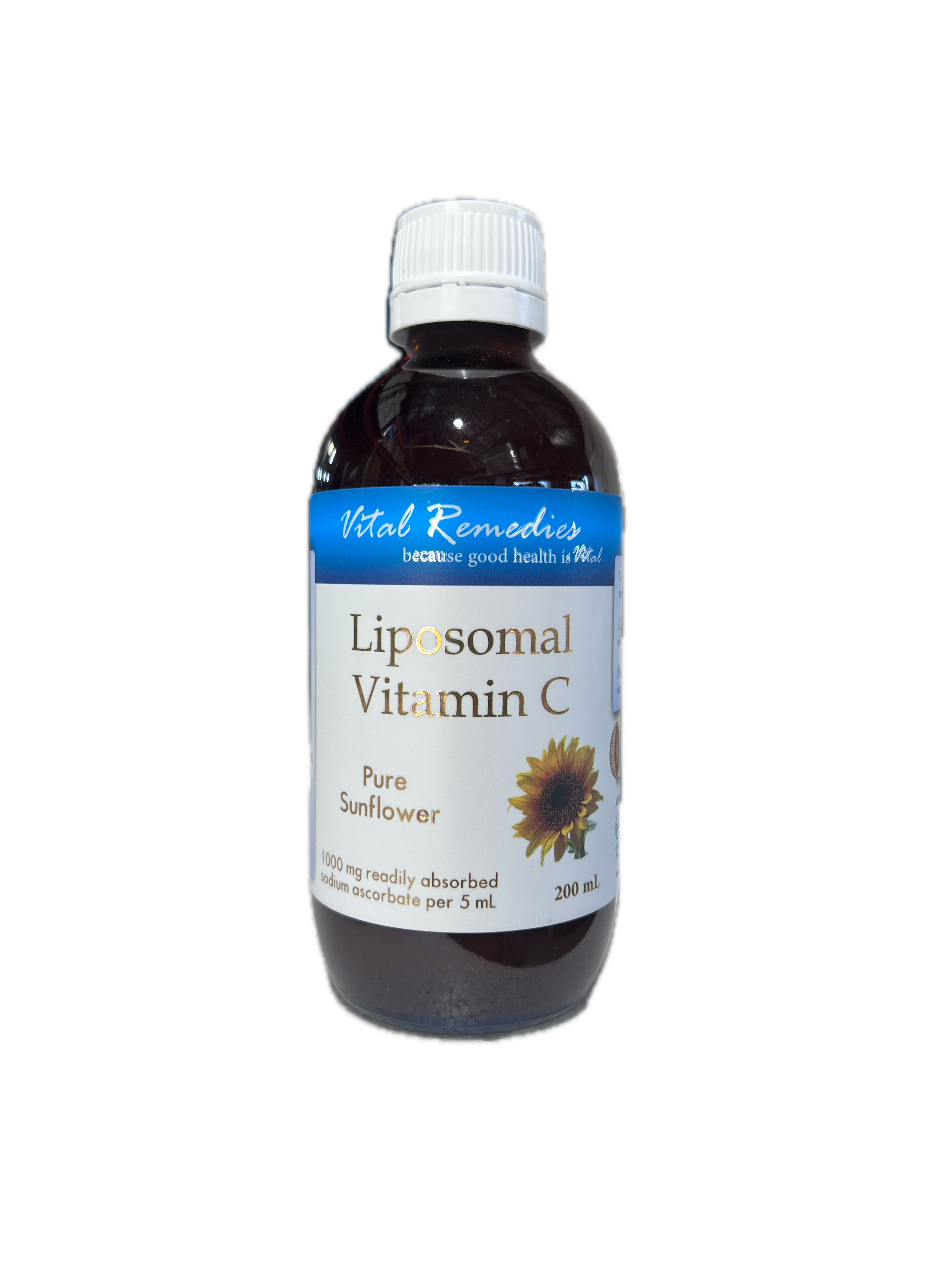 Bottle of Liposomal Vitamin C with a label on a white background