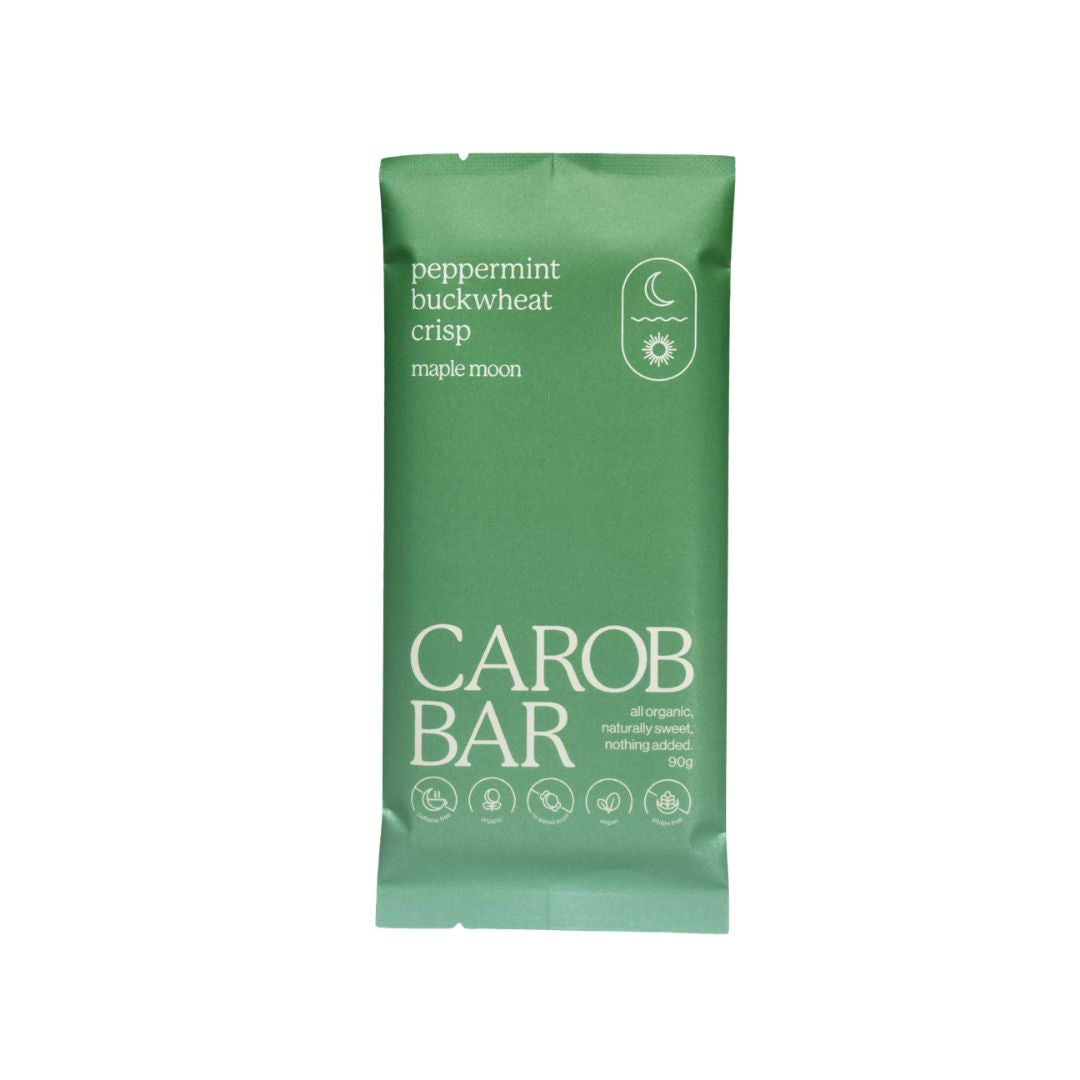 Maple Moon Organic Peppermint Buckwheat Crisp Carob Bar 90g, handmade Byron Bay, four ingredients, caffeine free vegan