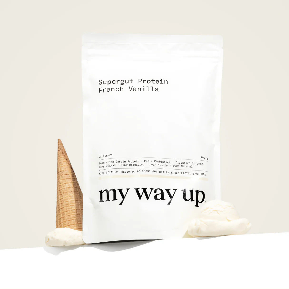 My Way Up Supergut Protein French Vanilla pouch, Australian casein with Solnul prebiotic, made in Gold Coast