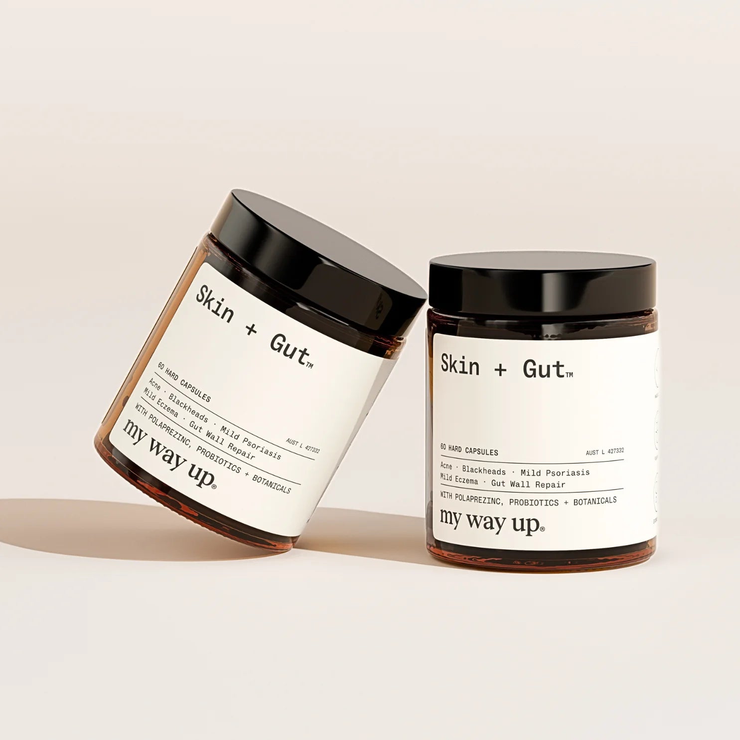 My Way Up Skin + Gut 60 capsules, ARTG-listed, Burdock Root polaprezinc and S. boulardii, made in Australia