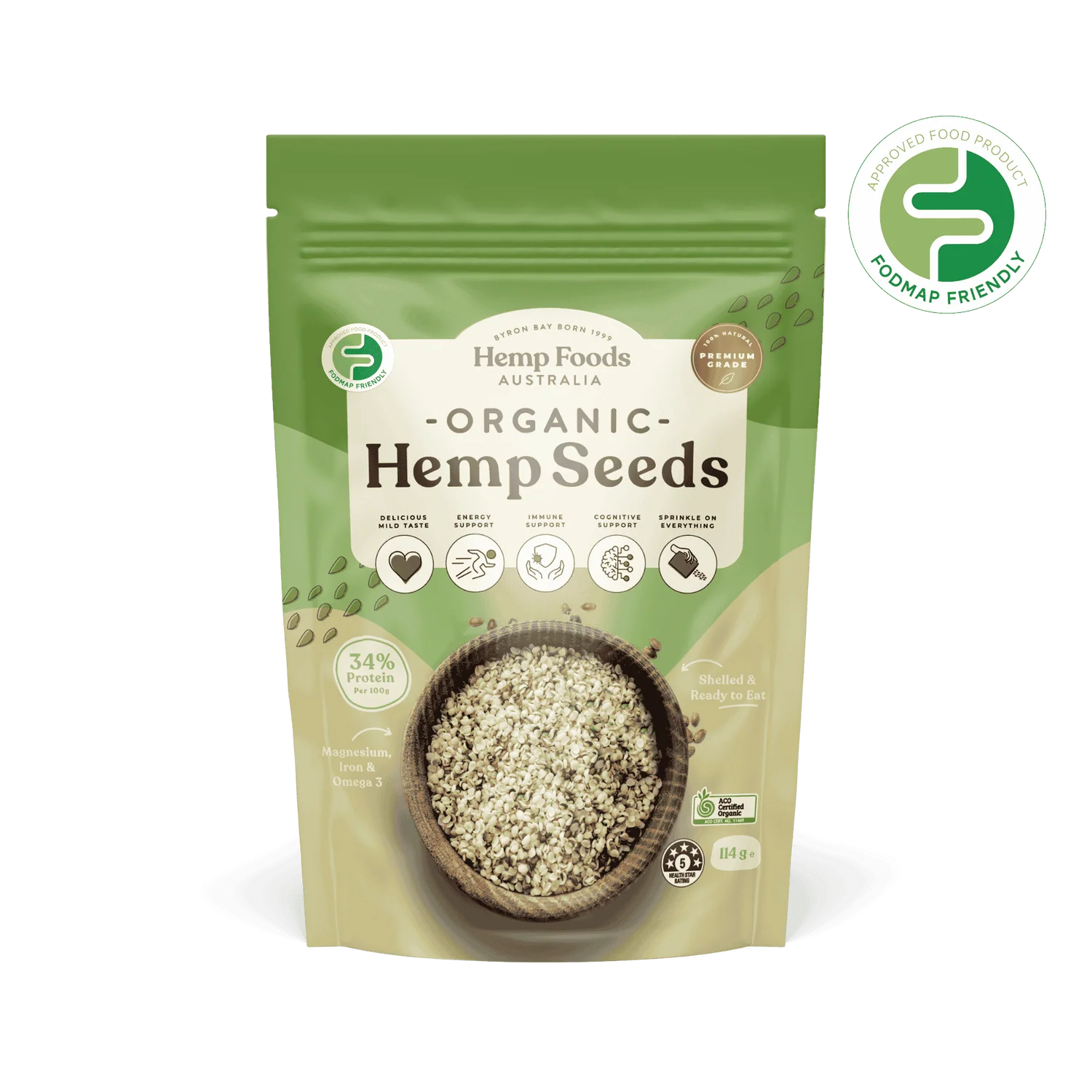 Hemp Foods Australia Organic Hulled Hemp Seeds 114g bag, ACO certified