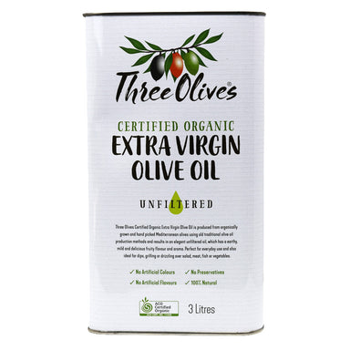 Three Olives Certified Organic Extra Virgin Olive Oil 3L container, unfiltered cold-pressed Tunisian EVOO