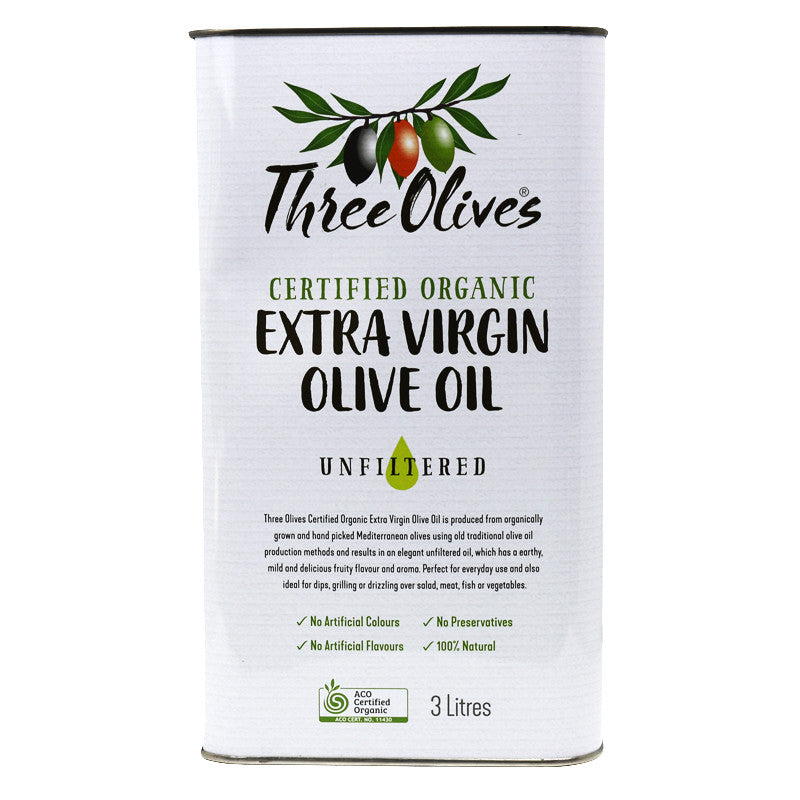 Three Olives Certified Organic Extra Virgin Olive Oil 3L container, unfiltered cold-pressed Tunisian EVOO