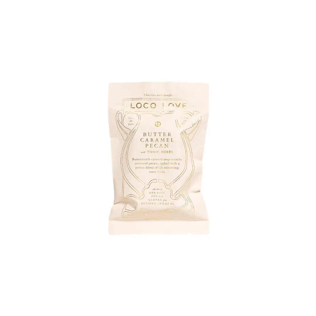 Loco Love Butter Caramel Pecan 30g chocolate bar, cinnamon maple roasted pecans, handcrafted Byron Bay