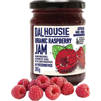 Dalhousie Organic Raspberry Jam 285g glass jar, ACO certified, no preservatives, made in Victoria