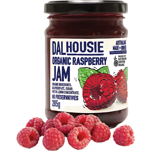 Dalhousie Organic Raspberry Jam 285g glass jar, ACO certified, no preservatives, made in Victoria