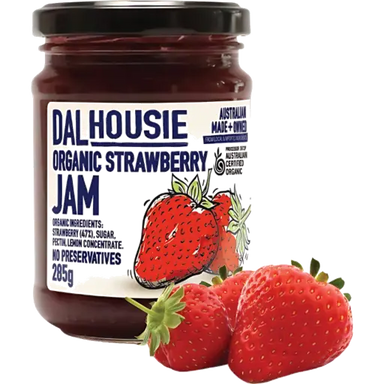 Dalhousie Organic Strawberry Jam 285g glass jar, ACO certified, no preservatives, made in Victoria
