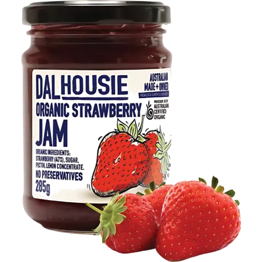 Dalhousie Organic Strawberry Jam 285g glass jar, ACO certified, no preservatives, made in Victoria