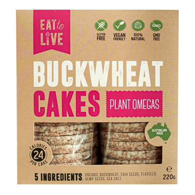 Eat to Live Buckwheat Cakes with Plant Omegas 220g, organic buckwheat chia flax hemp, made in South Murwillumbah NSW