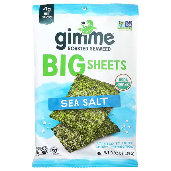 gimMe Roasted Seaweed Large Sheets Sea Salt 26g, organic three ingredients, 90% RDI Vitamin B12