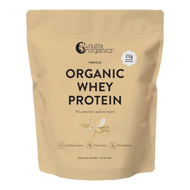 Nutra Organics Organic Whey Protein Vanilla 750g, NZ grass-fed whey, 23g protein per serve, certified organic