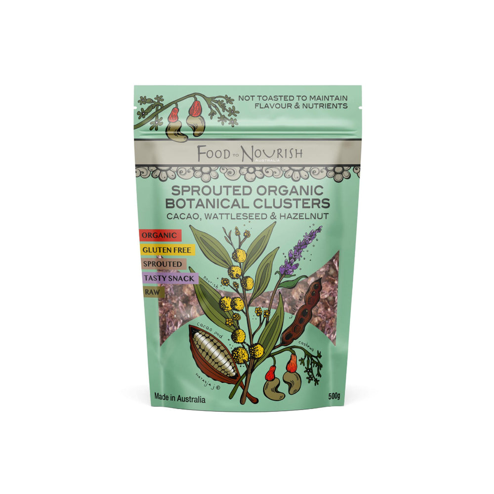 Cacao, Wattleseed & Hazelnut Clusters Food to Nourish 500g