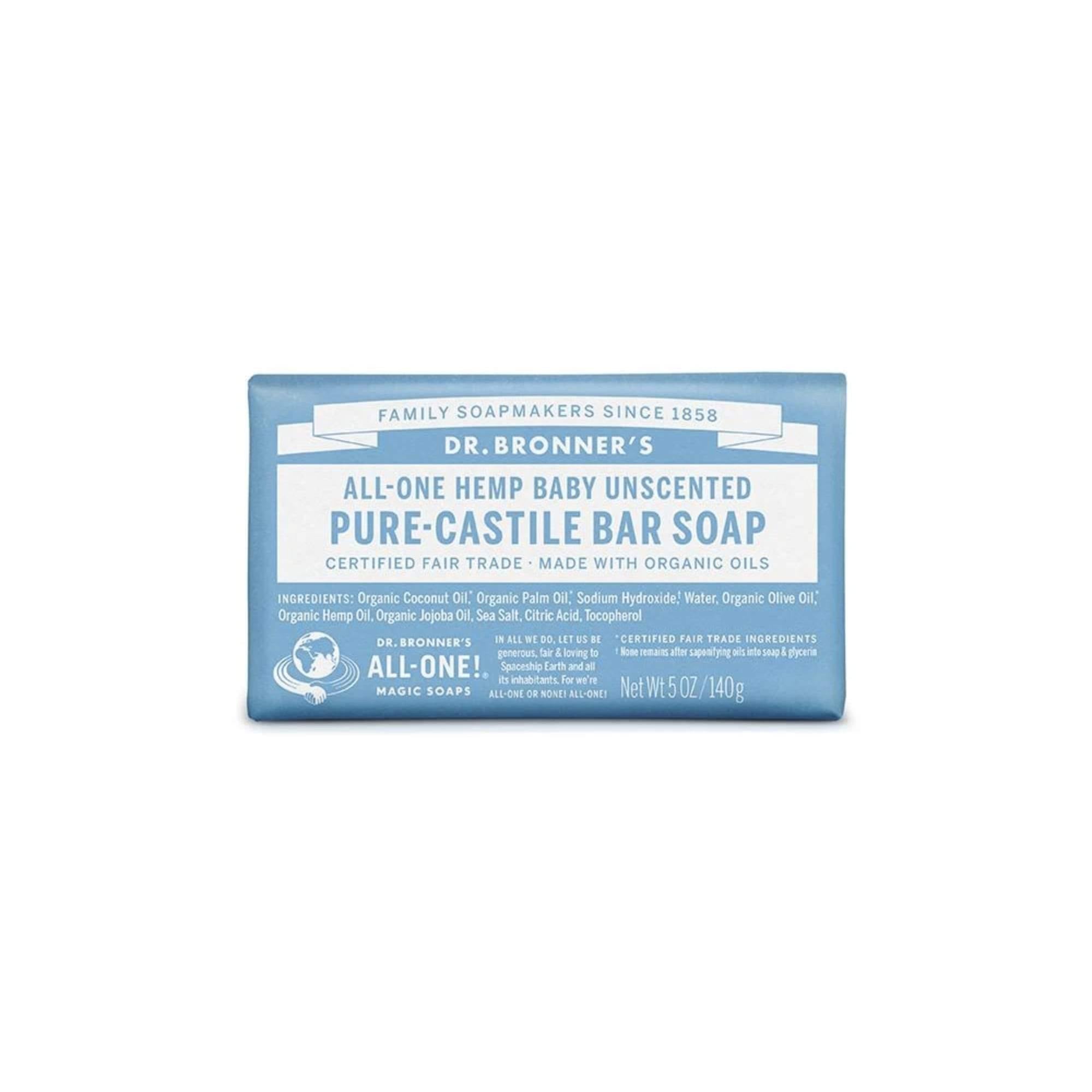 Hemp Castile Bar Soap Baby Unscented Dr Bronner's 140g - Santos Organics
